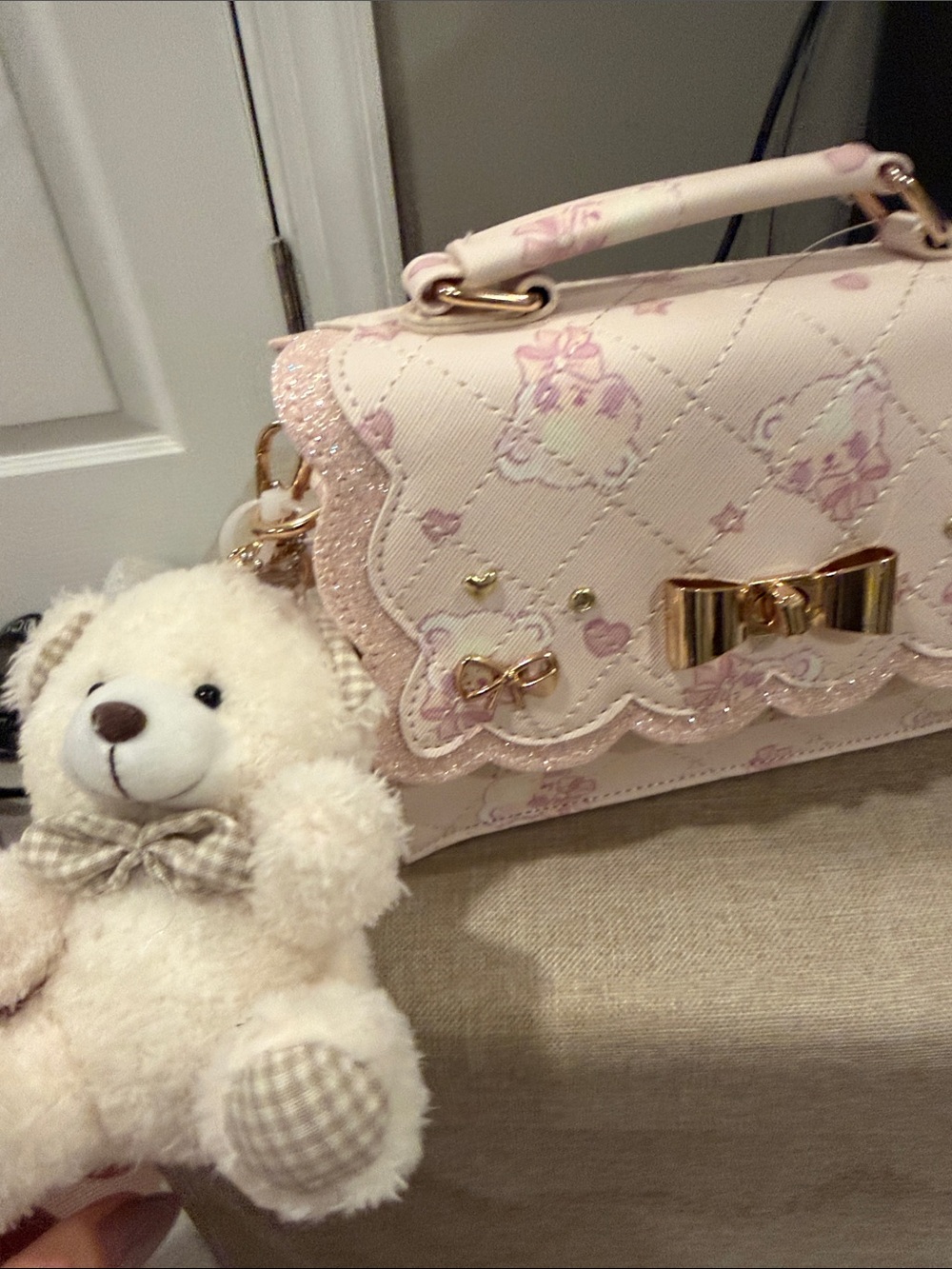 NWT Pastel Pink Quilted Bow Accent Top-Handle & Crossbody Bag w/Teddy Bear